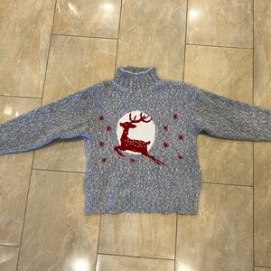Soft Cozy Winter Nordic Reindeer Snowflake Mock Neck Sweater Warm Knit Pullover